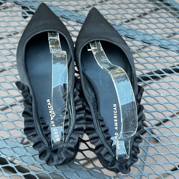 Good American Show Off Slingback Black Satin Ruffle Pointed Toe Flats - Picture 3 of 9